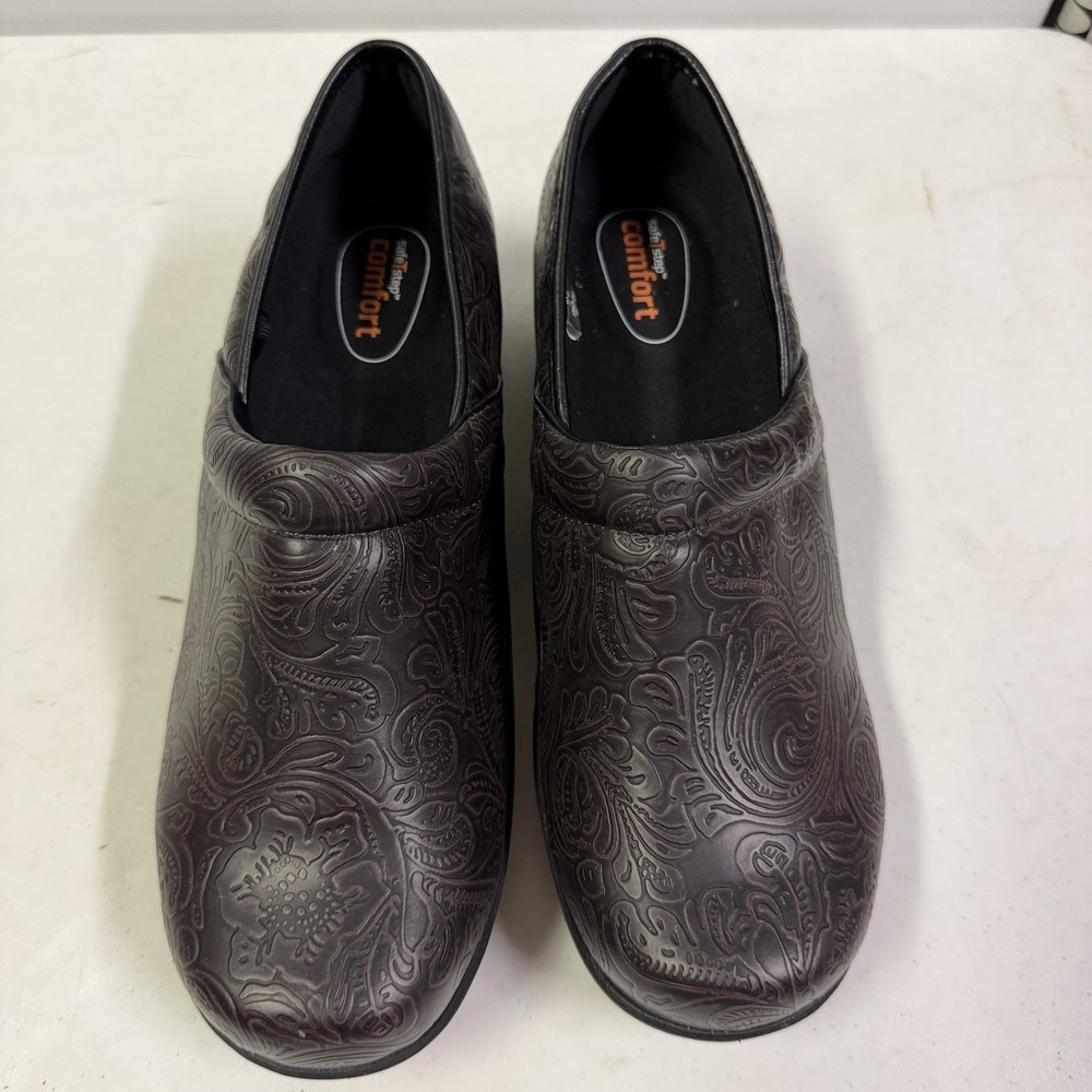 Safe Step Comfort Women's Size US 10 Dark Brown Embossed Slip-On Clogs Work